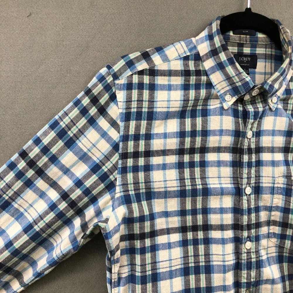 J. Crew Long Sleeve Shirt Mens S Slim‎ Fit Blue Plaid Homespun Slub Cotton